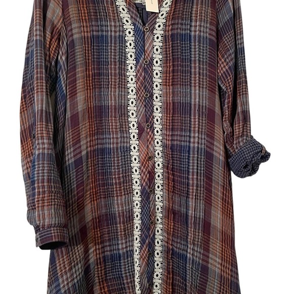 Anthropologie Holding Horses Navy Multicolor Plaid Lace Button Up Dress Size M - Picture 7 of 9
